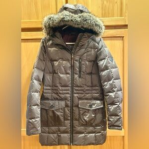 Eddie Bauer Brownish/Gray Puffer Jacket with Faux Fur Hood